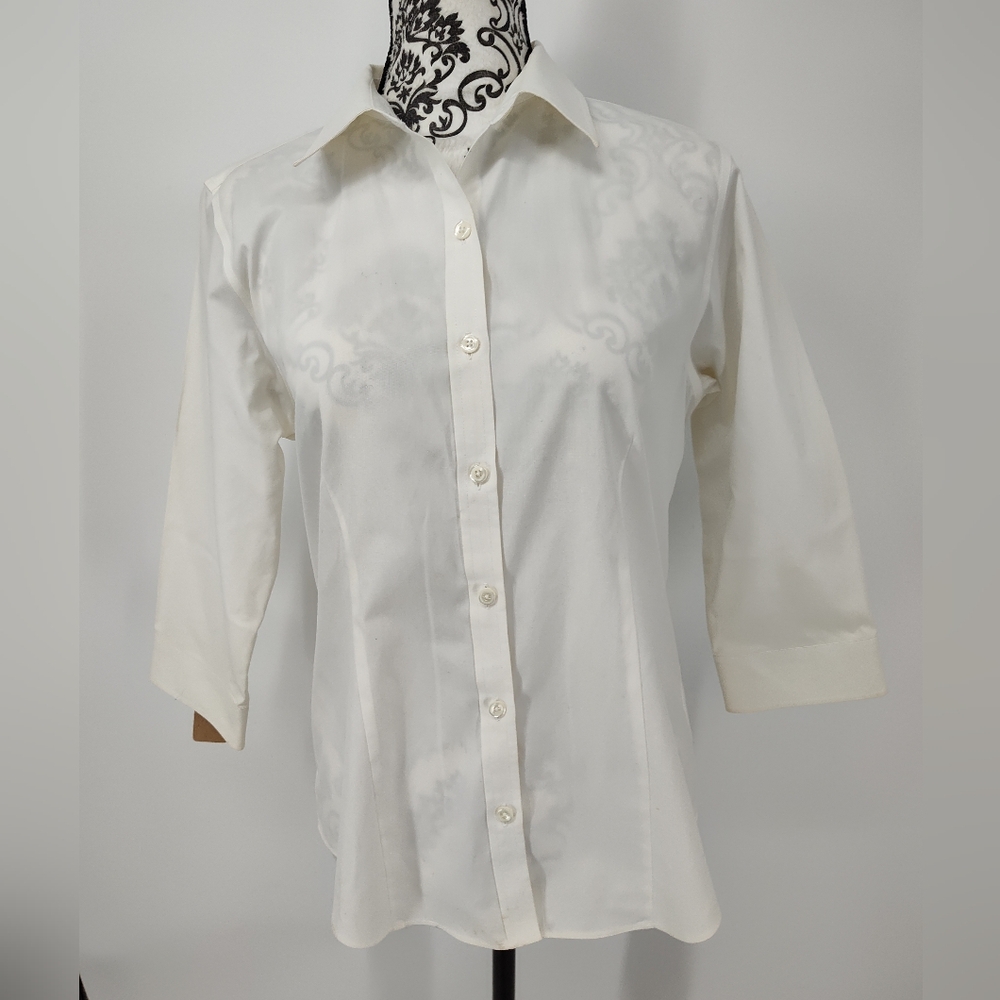 L.L. Bean White Wrinkle-Resistant Women's 3/4 Sleeve Button Up Shirt Size Small